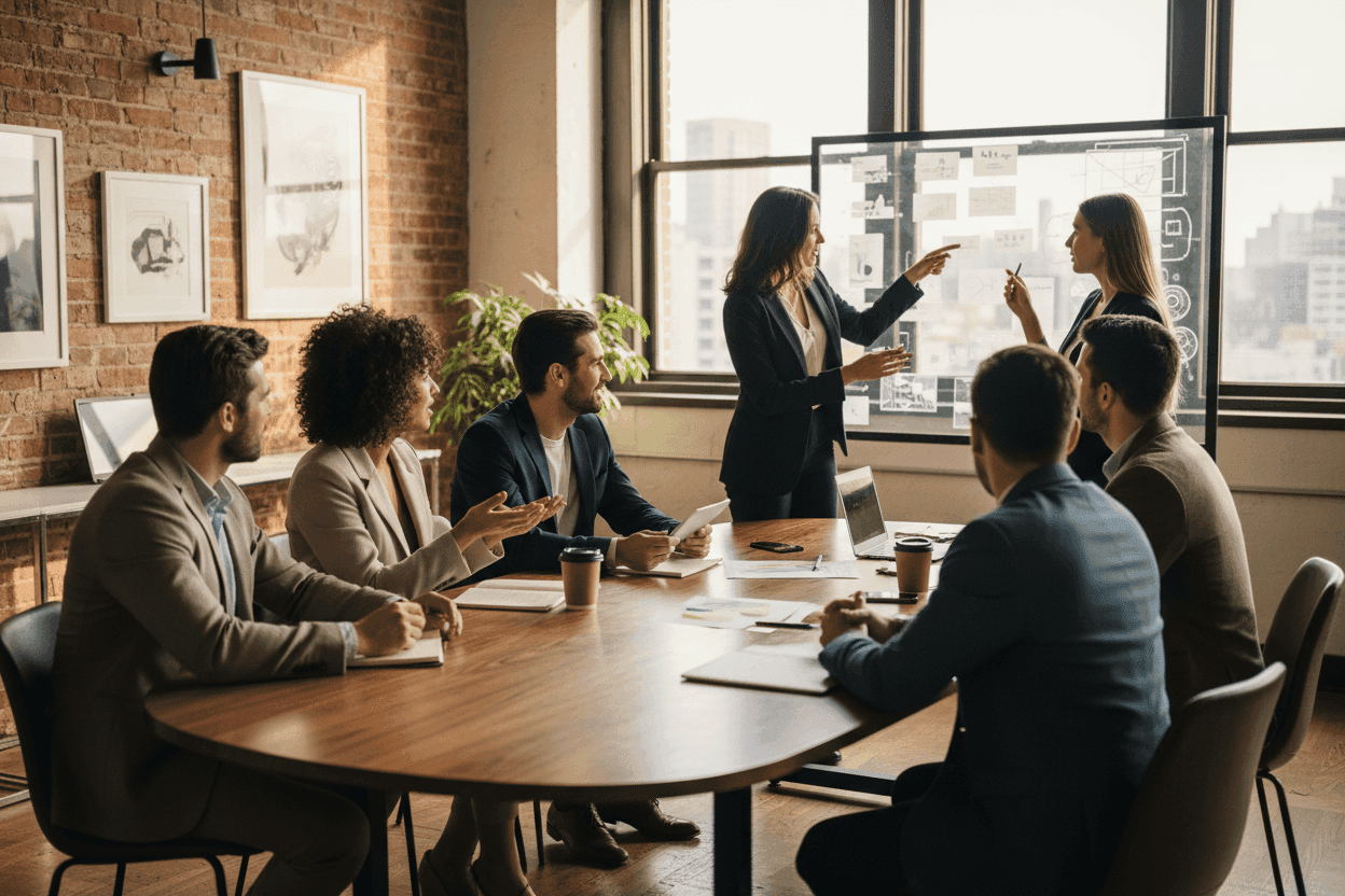 Pessoas reunidas em uma sala de trabalho